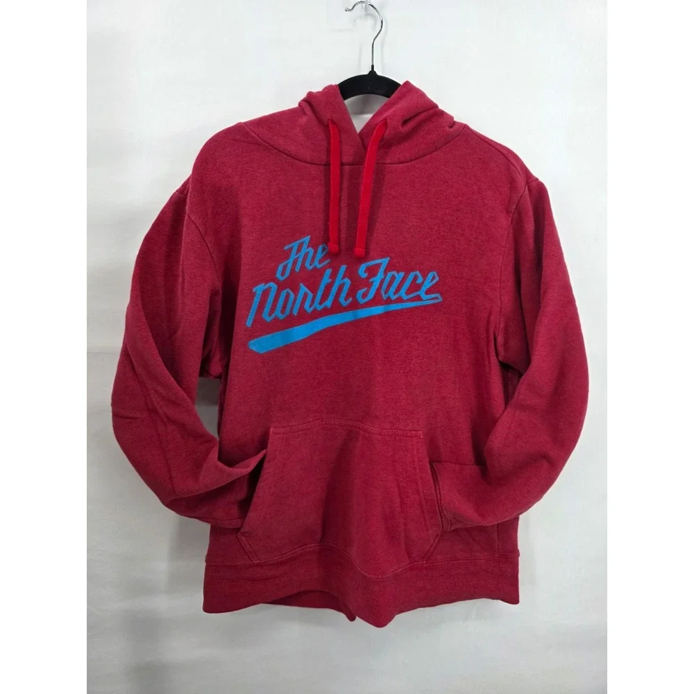 The North Face Mens Large Red Blue Script Graphic Pullover Hoodie Sweatshirt